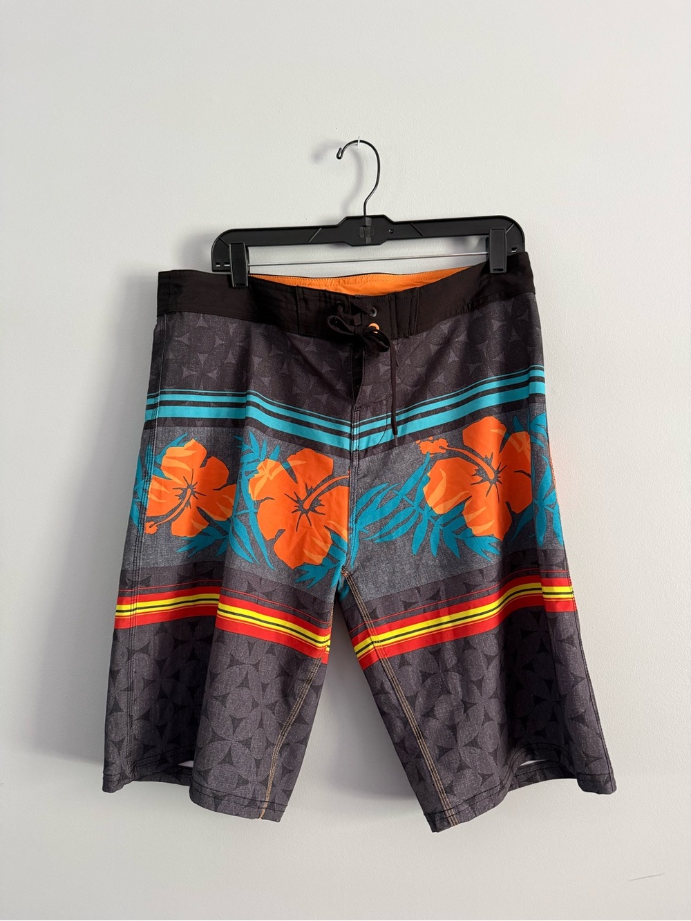 Men's Black Floral Burnside Boardshorts with Orange Hibiscus size 34